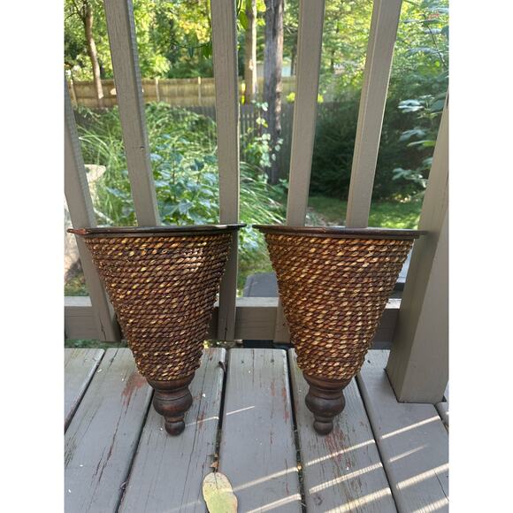 Set of 2 wicker wall shelves sconces plant holders display jute wood pair hang - Picture 14 of 16